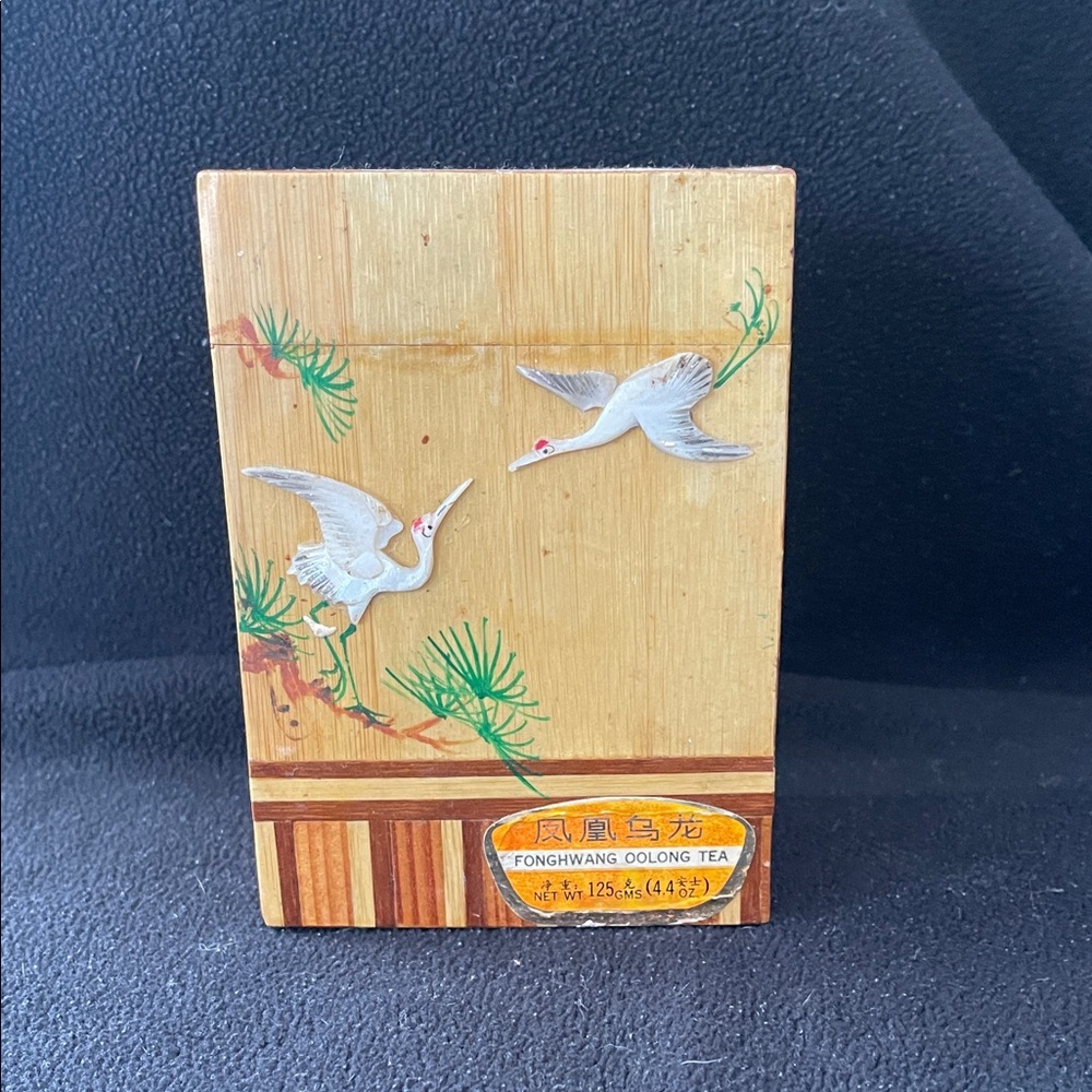 Vintage Wooden Tea Box with Crane Design